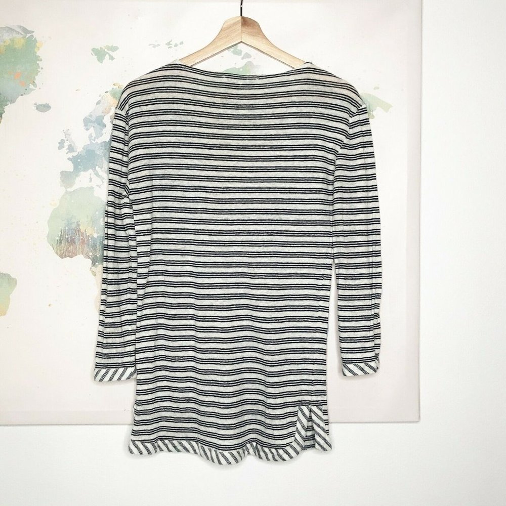 Gerard Darel Size 2 Top Tunic White Black Striped‎ 100% Linen Shirt Round Neck - Picture 7 of 9